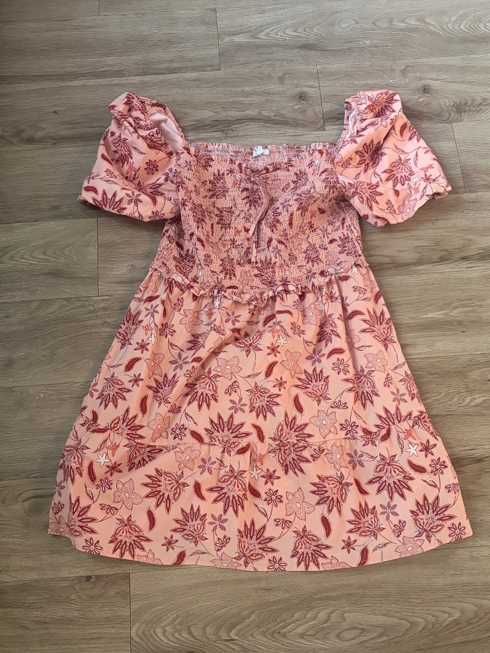 BB Dakota Peach Floral Smocked Puff Sleeve Dress